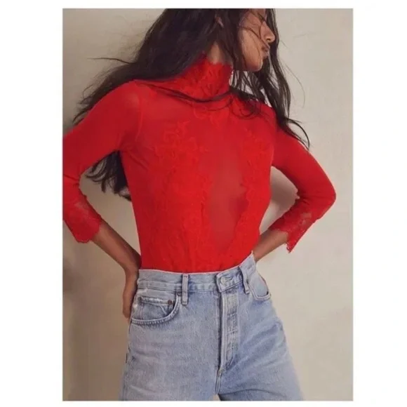 NWT $148 Free People Take HAH Bow Bodysuit Large Red Sheer Lace S L XL - Picture 2 of 11